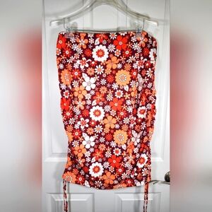 Shein Curve Orange White Retro 70's Floral Print Skirt Side Tie Midi Skirt S 2XL
